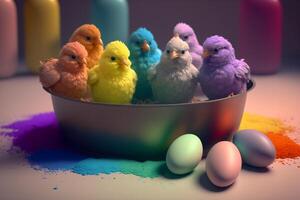 Adorable Little Chicks Painting Easter Eggs and Covered in Colors photo