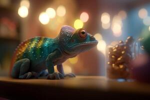 Colorful Chameleon on Store Counter with Blurred Interior Design in Background photo