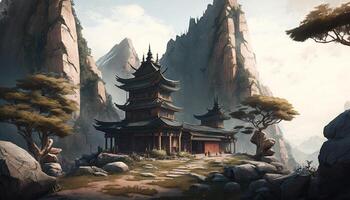 Serene beauty A Chinese temple nestled in the mountains photo