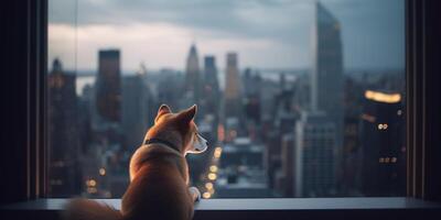 nostalgia puntos de vista un perro mirando fuera de un Alto ventana sobre un bullicioso paisaje urbano ai generado foto