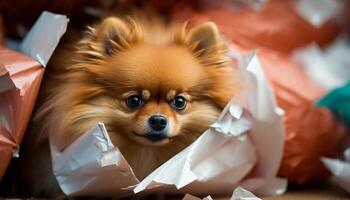 Cute Pomeranian dog surrounded by crumpled gift wrapping paper photo