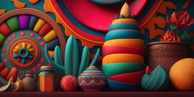 Vibrant Mexican Art Colorful Patterns, Clothing, Figures, and Craftwork photo
