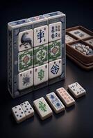 Colorful Chinese Mahjong Set with Tiles, Dice and Counters on Table photo