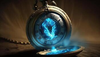 Chronometric Portal Mystically Glowing Pocket Watch with Cosmic Swirls photo