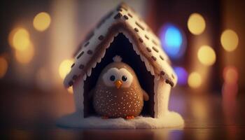 A Fluffy Chicken in Front of a Gingerbread House photo