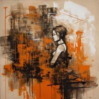 Vibrant Reverie A Captivating Eclectic Montage of Orange and Sepia Ink Oil Painting on Canvas photo