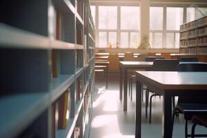 tranquilo refugio un vacío alto colegio biblioteca bañado en ligero ai generado foto