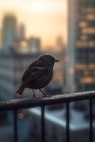 Wild bird perched on steel railing of fire escape, with urban skyline during sunset in background photo