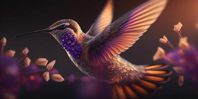 flying hummingbird closeup in purple color scheme illustration photo