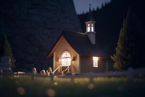 Charming illuminated mountain chapel in the night photo