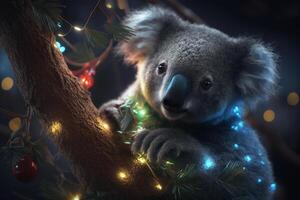 Koala sitting on a Christmas tree with lights content photo