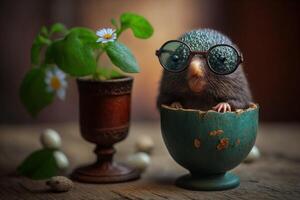 Illustration Funny mole sits in an egg cup for Easter content photo