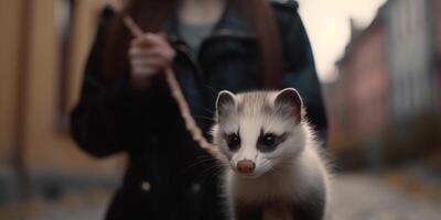 Urban Adventure A Young Woman Taking Her Ferret for a Walk in the City photo