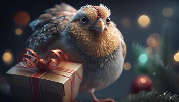 plumado Papa Noel un pollo con un Navidad presente ai generado foto