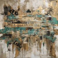 Industrial Elegance A Captivating Fusion of Collage and Paint in Large Canvas Paintings, Adorned with Turquoise and Sepia Tones photo