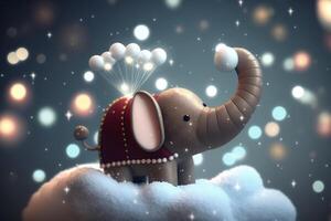 Little Funny Elephant Playing with Snowballs on a Fluffy Cloud in the Snow photo