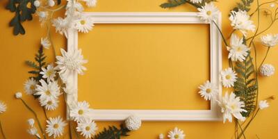 Serenity in Bloom White Flowers and Empty Frames on Yellow Background photo