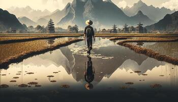 Reflections of Life Chinese Farmer on Rice Paddy amid Picturesque Landscape photo