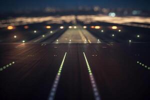 Noche ver de avión pista con terminal luces ai generado foto