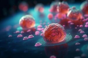 Microscopic view of colorful 3D illustration of damaged cells undergoing apoptosis photo