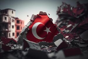 Turkish Flag amidst earthquake rubble - Symbol of Resilience and Unity photo