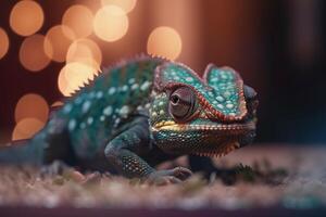 Colorful Chameleon perched on a carpet photo