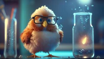 el científico gallina con lentes y prueba tubo en laboratorio ai generado foto