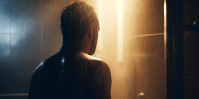 Sweating it out A view of a naked man's back in a steamy sauna photo