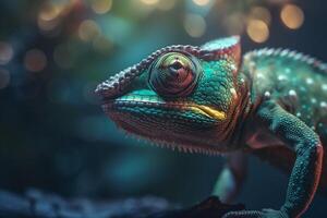 majestuoso camaleón en un azul borroso antecedentes ai generado foto