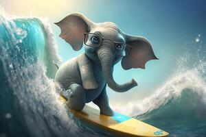 surf safari un gracioso pequeño elefante atrapando olas en un tabla de surf en el Oceano ai generado foto