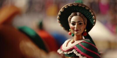 celebrando el cultura de mexico en cinco Delaware mayonesa - de madera figura de un mujer en tradicional ropa en un festivo calle ai generado foto