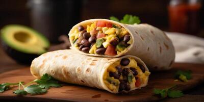 Hearty Breakfast Burrito with Scrambled Eggs, Veggies, and Beans photo