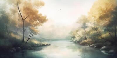 A Serene Watercolor Landscape in Delicate Pastel Colors photo