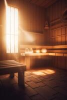 radiante sauna un sereno escapar con rayos de sol y calentar madera ai generado foto