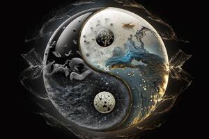 místico yin y yang chino símbolo con mágico elementos ai generado foto