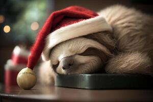 cansado y agotado perezoso duerme con Papa Noel sombrero Entre regalos a Navidad ai generado foto