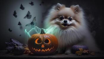 adorable pomeranio perro posando con un Víspera de Todos los Santos calabaza ai generado foto