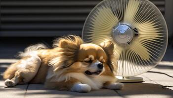 adorable pomeranio perro enfriamiento apagado en frente de un ventilador en verano ai generado foto