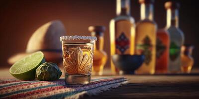 un todavía vida de vistoso lentes y botellas de tequila y mezcales, un mexicano espíritu, crea un hermosa bokeh efecto. ai generado foto