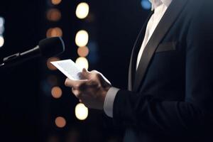 Keynote Speaker on Podium with Script and Microphone in Bright Spotlight at Business Conference photo