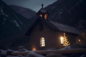 encantador iluminado montaña capilla en el noche ai generado foto