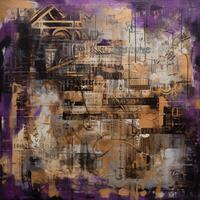 Layers of Time and Texture A Captivating Industrial Chic Artwork with Collages and Paint on a Large Canvas in Purple and Sepia photo