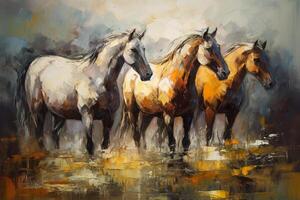 Thundering Hooves An Impressionistic Painting of Horses in Rich, Warm Colors and Bold Brushstrokes photo