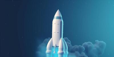 Symbolic 3D Rendering of White Rocket Model against Blue Background for Startup Concepts photo