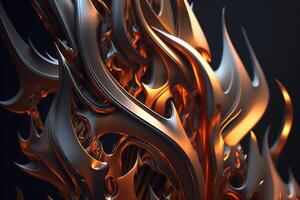 Abstract 3D illustration of metallic objects in flames with reflection photo