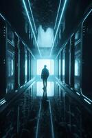 Finding the Way Out A Journey Through a Futuristic Blue Corridor photo