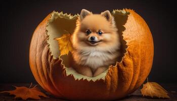 pomeranio cachorro encaramado en un escogido, picado de viruelas calabaza ai generado foto