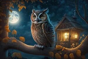 owl at night on a branch with tree house lanterns moon and stars photo