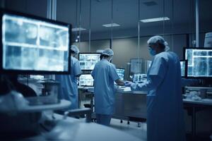 médico equipo con quirúrgico mascaras trabajando en un alta tecnología laboratorio ai generado foto