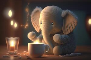 Cozy Elephant Enjoying a Warm Cup of Tea or Cocoa in a Serene Room photo